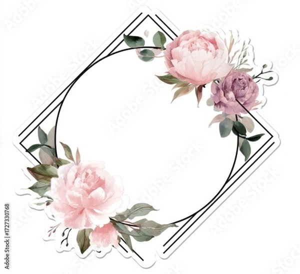 Fototapeta a round sticker with pink floral wreath and geometric frame design on white background,