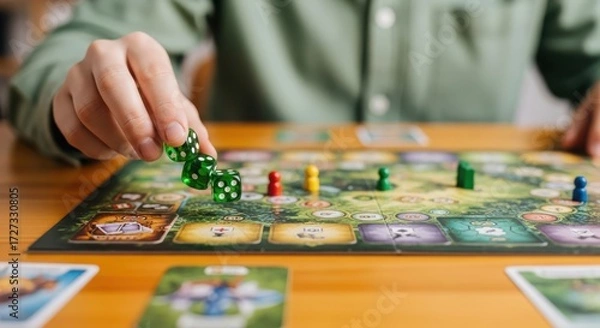 Fototapeta Person playing board game with dice and pawns on wooden table indoor