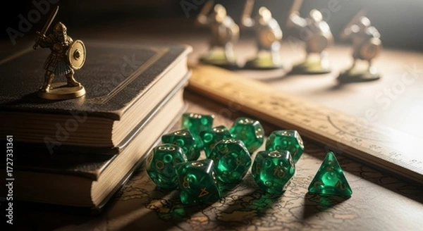 Fototapeta Tabletop role playing game elements on a wooden table in the dark