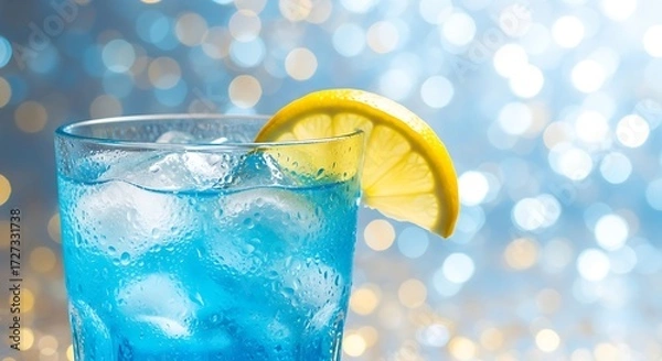 Fototapeta a glass of blue cocktail with ice and a lemon slice on the rim. The background is a blurry display of lights