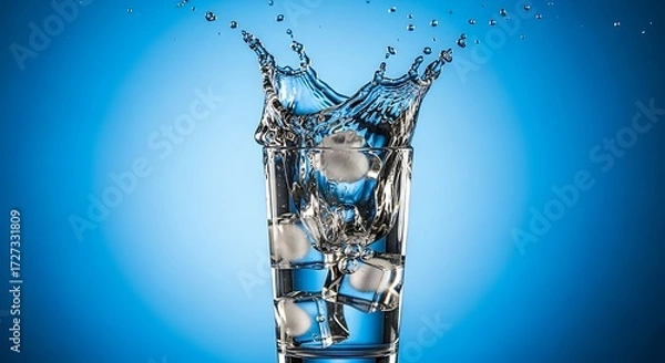 Fototapeta A glass of water with ice cubes is shown with a splash of water emanating from the top. The background is a gradient of blue