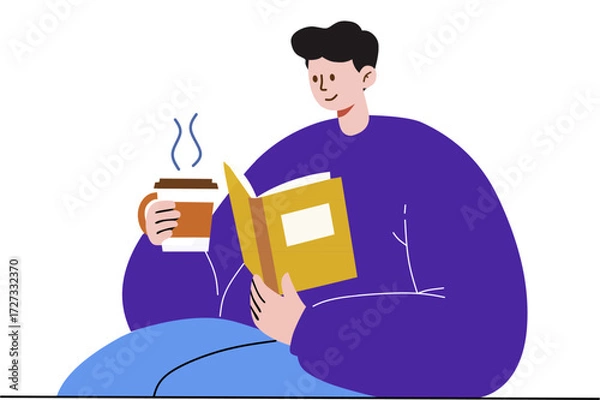 Fototapeta illustration of a relaxed girl reading a book while drinking coffee