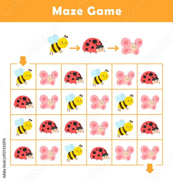 Fototapeta Maze puzzle game for children with cute insects. Logic Labyrinth with Code Navigation. Kids labyrinth puzzle. Maze activity sheet for kids.