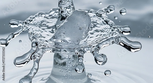 Fototapeta a macro shot of water splash. An ice cube is positioned in the center, creating a dynamic water crown
