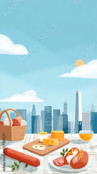 Fototapeta Picnic spread featuring various meats, cheeses, and mustard with a skyline view in the background and a sunny sky