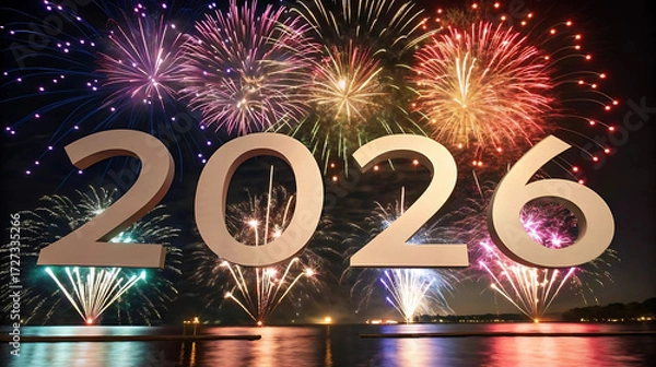Fototapeta New Year 2026 celebration with colorful fireworks over water for event posters, digital greetings, marketing visuals, countdown promotions, and festive New Year's Eve designs