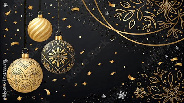 Fototapeta Black and gold luxury Christmas ornament background with floral and festive design, ideal for greeting cards, event posters, banners, New Year promotions, and seasonal invitations