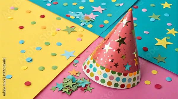 Fototapeta Colorful party hat and confetti on vibrant paper background, ideal for birthday and New Year party invitations, kids' celebration graphics, festive ads, and playful design projects
