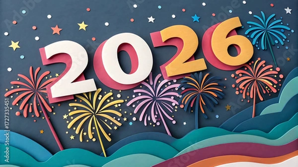 Fototapeta Colorful paper cutout numbers 2026 with fireworks on dark background, ideal for New Year greeting cards, craft projects, poster designs, and creative countdown celebration visuals