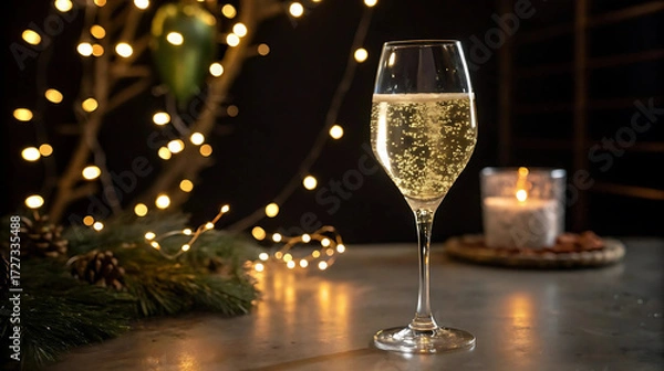 Fototapeta Elegant glass of sparkling wine on festive table with Christmas lights and candle, perfect for New Year toast visuals, holiday lifestyle photography, party ads, and celebration content
