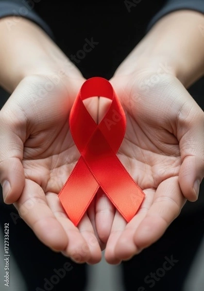 Fototapeta Red ribbon in the hands as a symbol of the fight against aids disease