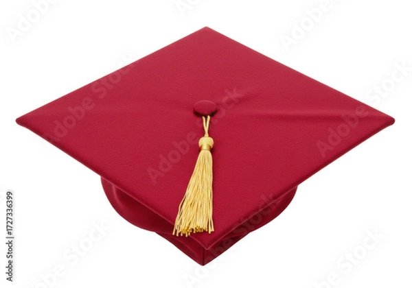 Fototapeta Isolated Academic graduation cap, mortarboard red hat with golden tassel for university