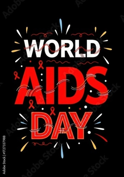 Fototapeta World aids day poster with red ribbon and fireworks on black background