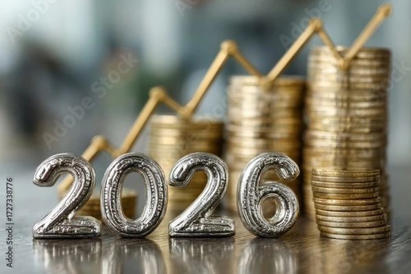 Fototapeta Silver 2026 numbers with gold coins, dollar bills, and financial graph in office scene