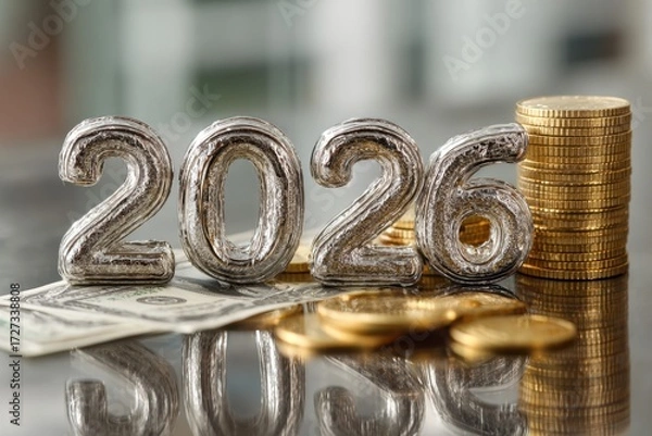 Fototapeta Silver 2026 numbers with gold coins, dollar bills, and financial graph in office scene
