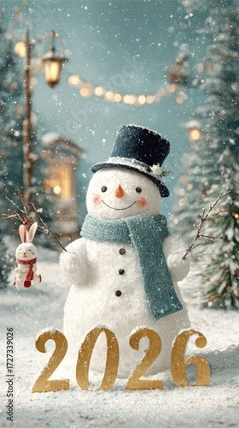 Obraz Golden 2026 with cheerful snowman and falling snow in festive winter landscape