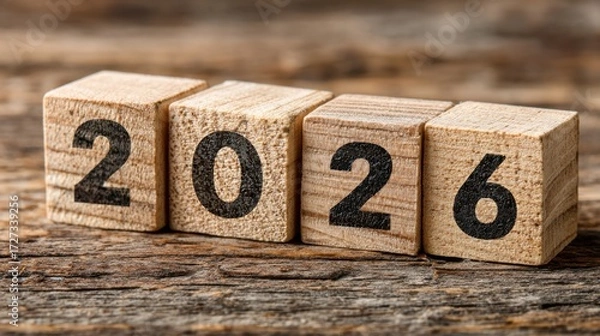 Fototapeta Wooden blocks transitioning from 2025 to 2026 representing new year business strategy and planning