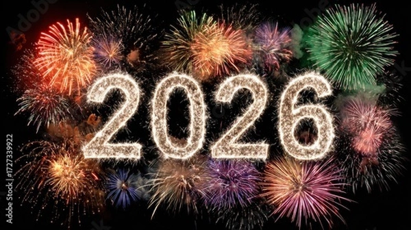 Fototapeta Vibrant fireworks bursting behind glowing 2026 numbers for New Year celebration