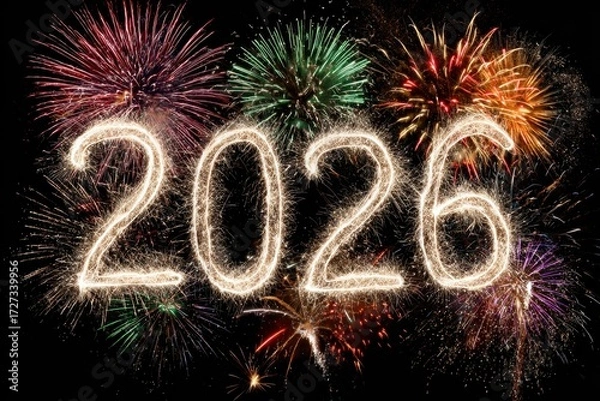 Obraz Vibrant fireworks bursting behind glowing 2026 numbers for New Year celebration
