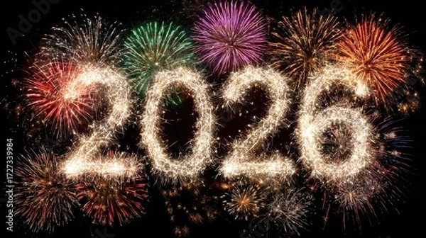 Fototapeta Vibrant fireworks bursting behind glowing 2026 numbers for New Year celebration