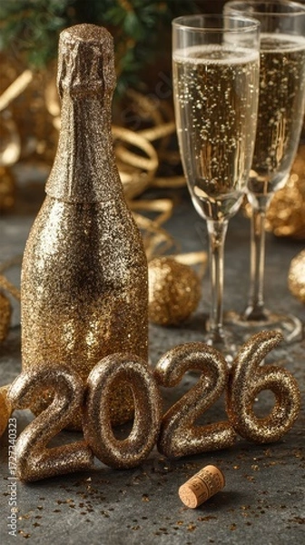 Fototapeta Golden 2026 numbers with champagne and confetti for New Year celebration