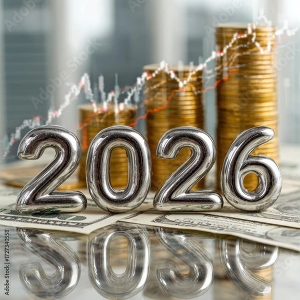 Fototapeta Silver 2026 numbers with gold coins, dollar bills, and financial graph in office scene