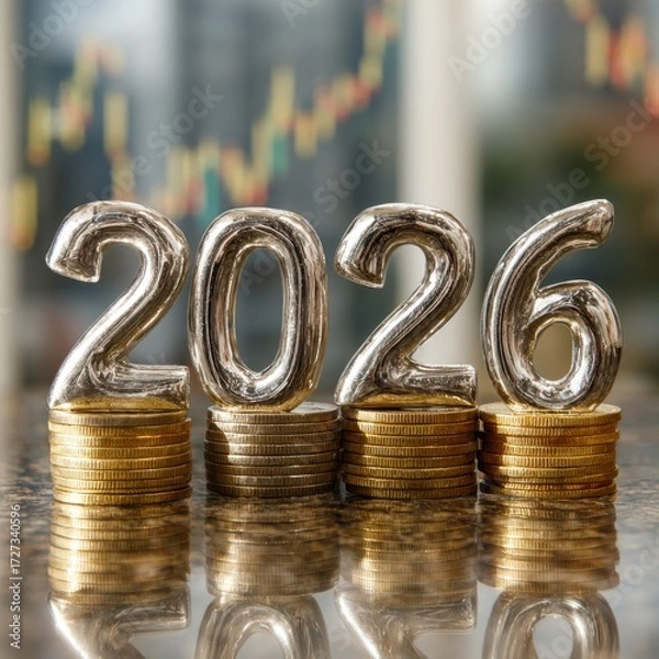Fototapeta Silver 2026 numbers with gold coins, dollar bills, and financial graph in office scene