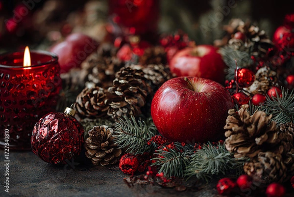 Fototapeta . A rustic wooden table setting with burgundy napkins and a pinecone centerpiece, glowing warmly. lifestyle magazines, social media lookbooks, designed for influencer and brand collaborations.