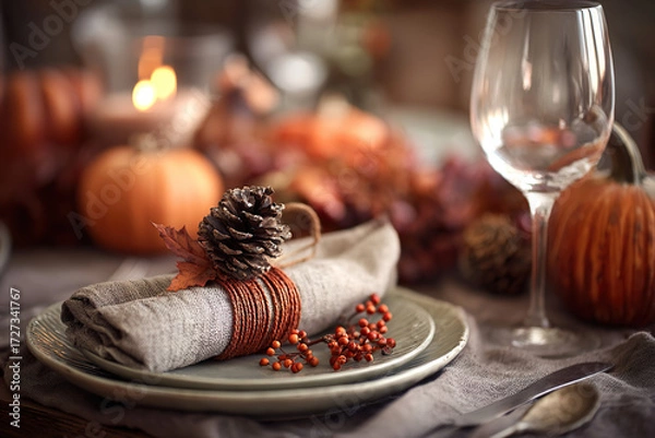 Fototapeta . A rustic wooden table setting with burgundy napkins and a pinecone centerpiece, glowing warmly. lifestyle magazines, social media lookbooks, designed for influencer and brand collaborations.