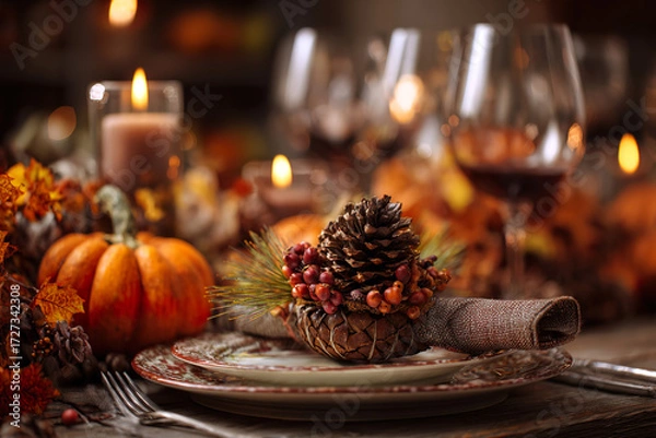 Fototapeta . A rustic wooden table setting with burgundy napkins and a pinecone centerpiece, glowing warmly. lifestyle magazines, social media lookbooks, designed for influencer and brand collaborations.