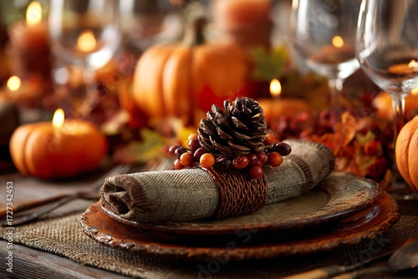 Fototapeta . A rustic wooden table setting with burgundy napkins and a pinecone centerpiece, glowing warmly. lifestyle magazines, social media lookbooks, designed for influencer and brand collaborations.
