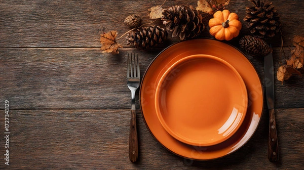 Fototapeta . A rustic wooden table setting with burgundy napkins and a pinecone centerpiece, glowing warmly. lifestyle magazines, social media lookbooks, designed for influencer and brand collaborations.