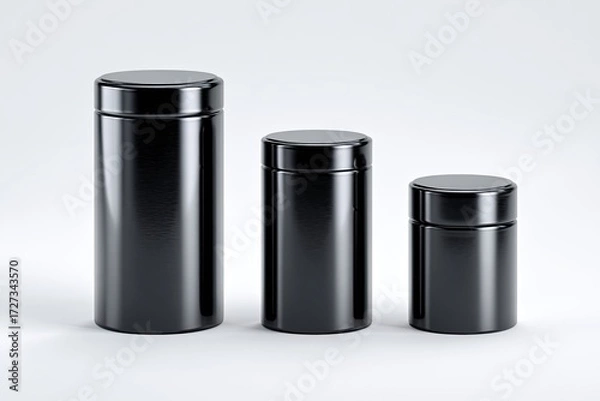 Fototapeta Three black cylindrical containers of varying sizes