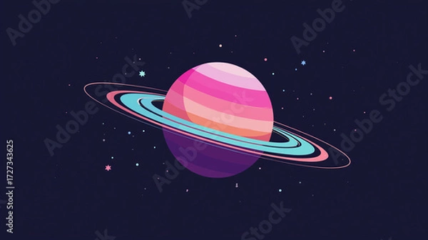 Fototapeta An artistic depiction of a pink and blue planet encircled by stylized rings, set against a deep space backdrop with stars.