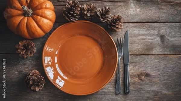 Fototapeta . A rustic wooden table setting with burgundy napkins and a pinecone centerpiece, glowing warmly. lifestyle magazines, social media lookbooks, designed for influencer and brand collaborations.