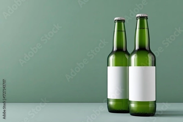 Fototapeta Two green beer bottles with blank labels on a sage green background