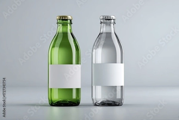 Fototapeta Two clear glass bottles, one green, one clear, with blank labels