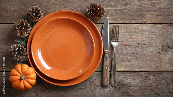 Fototapeta . A rustic wooden table setting with burgundy napkins and a pinecone centerpiece, glowing warmly. lifestyle magazines, social media lookbooks, designed for influencer and brand collaborations.