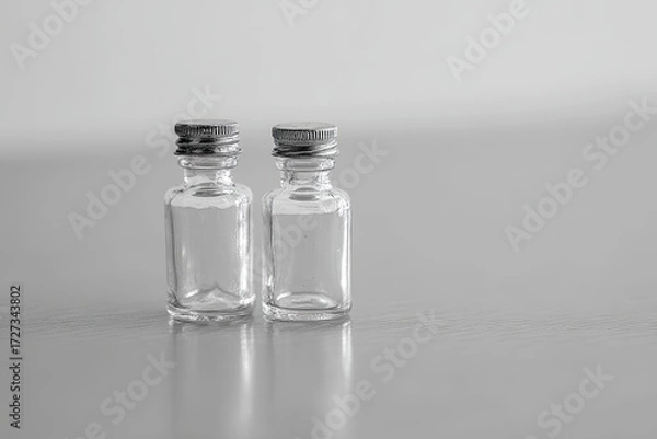 Fototapeta Two small, clear glass bottles with metal caps on a light gray surface