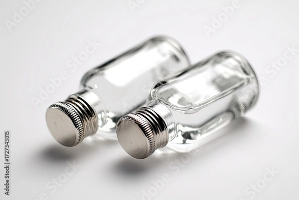 Fototapeta Two clear glass bottles with metal caps on a white surface