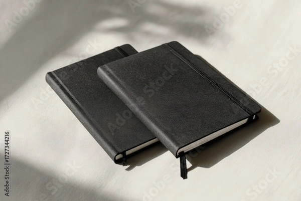 Fototapeta Two black notebooks resting on a light surface