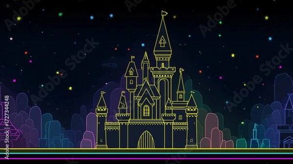 Fototapeta An enchanting neon outline of a fairytale castle set against a beautiful starry night, capturing a whimsical dreamlike essence.