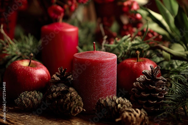 Fototapeta . A rustic wooden table setting with burgundy napkins and a pinecone centerpiece, glowing warmly. lifestyle magazines, social media lookbooks, designed for influencer and brand collaborations.