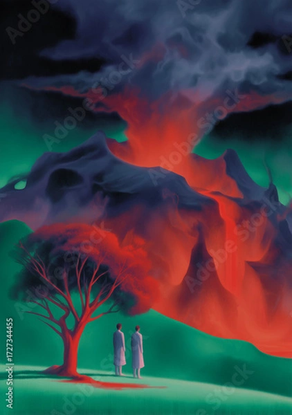 Fototapeta A dramatic scene showcasing a volcano erupting amidst a surreal landscape, evoking feelings of awe and fear in the viewer.