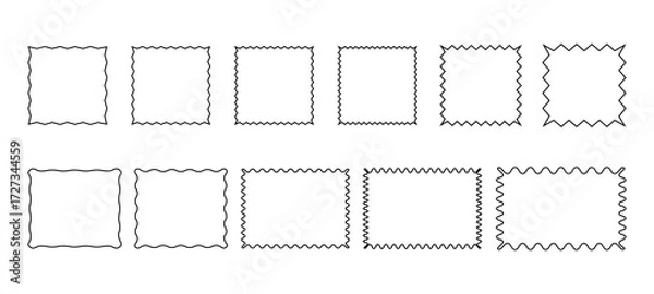Fototapeta A set of empty square and rectangular shapes with a line of stamps with wavy and jagged edges, vector. Abstract decorative frames for labels, stickers with a place for text, isolated on white
