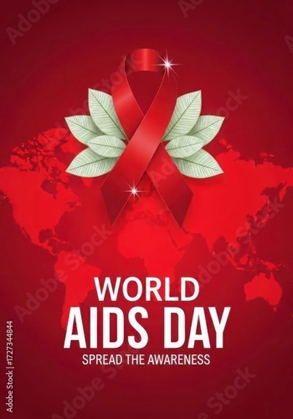 Fototapeta World aids day awareness poster with red ribbon and world map background