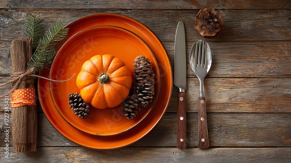 Fototapeta . A rustic wooden table setting with burgundy napkins and a pinecone centerpiece, glowing warmly. lifestyle magazines, social media lookbooks, designed for influencer and brand collaborations.