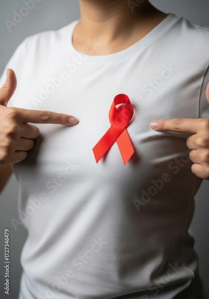 Fototapeta Woman pointing at red ribbon on white tshirt for world aids day campaign