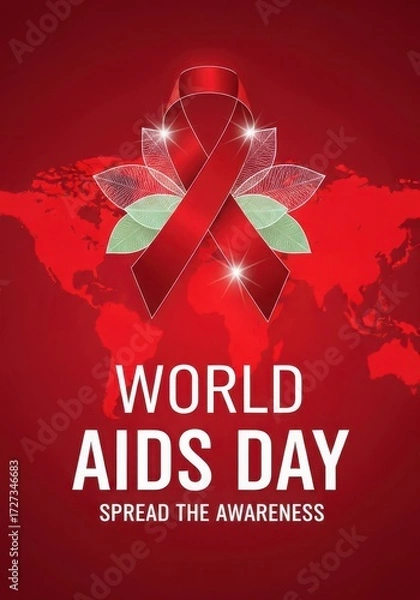 Fototapeta World aids day awareness campaign with red ribbon and world map background