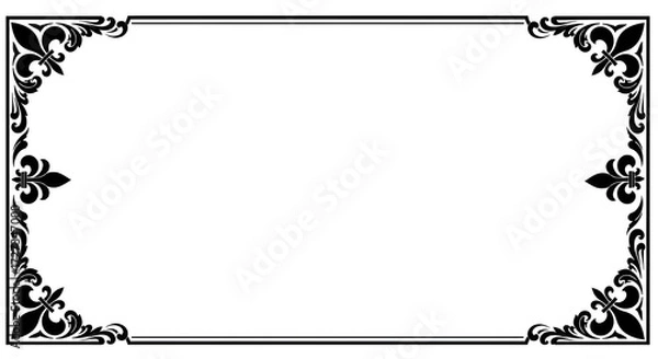 Fototapeta Minimalist digital frame with ornate black floral corners on stark white background.